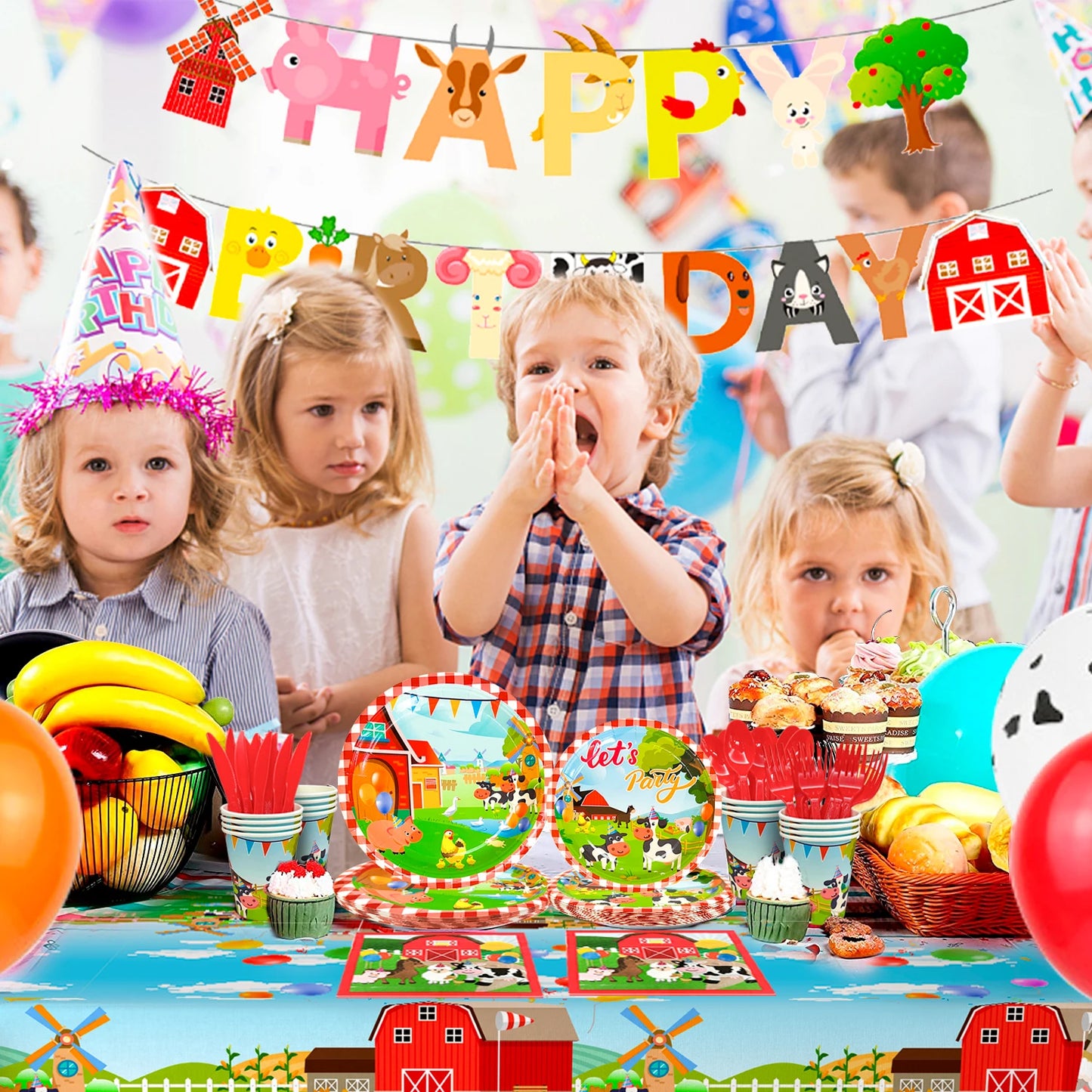 Farm House Fun Barnyard Animals Party Supplies,130pcs Theme Birthday Decorations Tableware Set-Plates Cups Napkins Banner etc