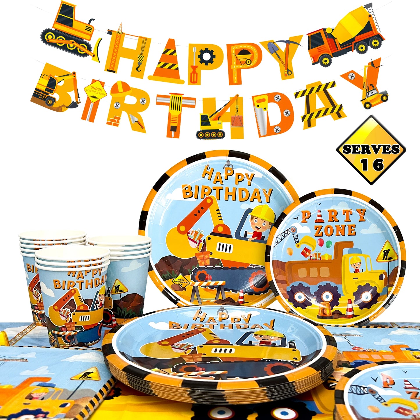 66pcs Construction Party Supplies Tableware Set-Construction Birthday Party Plates Cups Napkins Tablecloth Banner etc