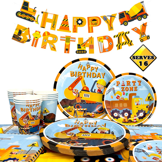 66pcs Construction Party Supplies Tableware Set-Construction Birthday Party Plates Cups Napkins Tablecloth Banner etc