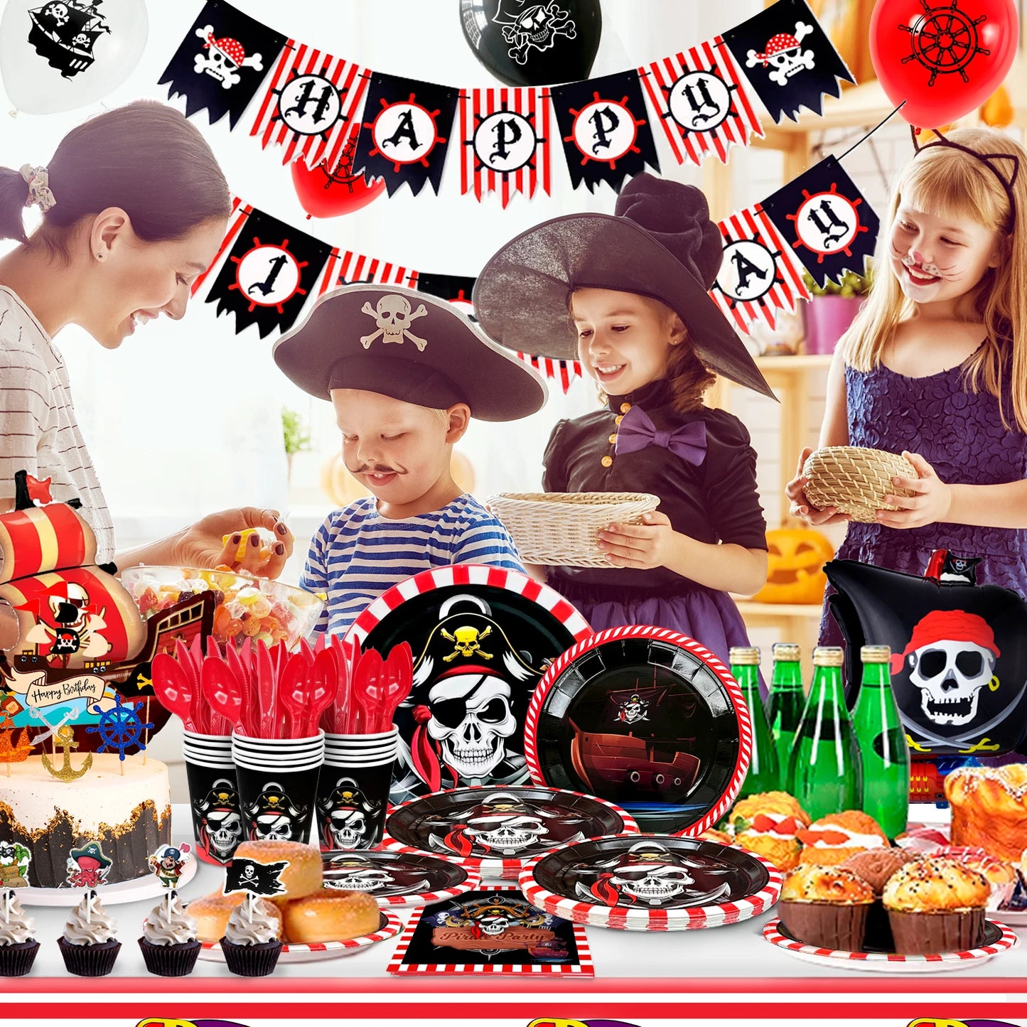 Pirate Birthday Party Supplies,161pcs Party Decorations&Tableware Set-Pirate Haging Swirln&Pirate Plates Cups Napkins etc