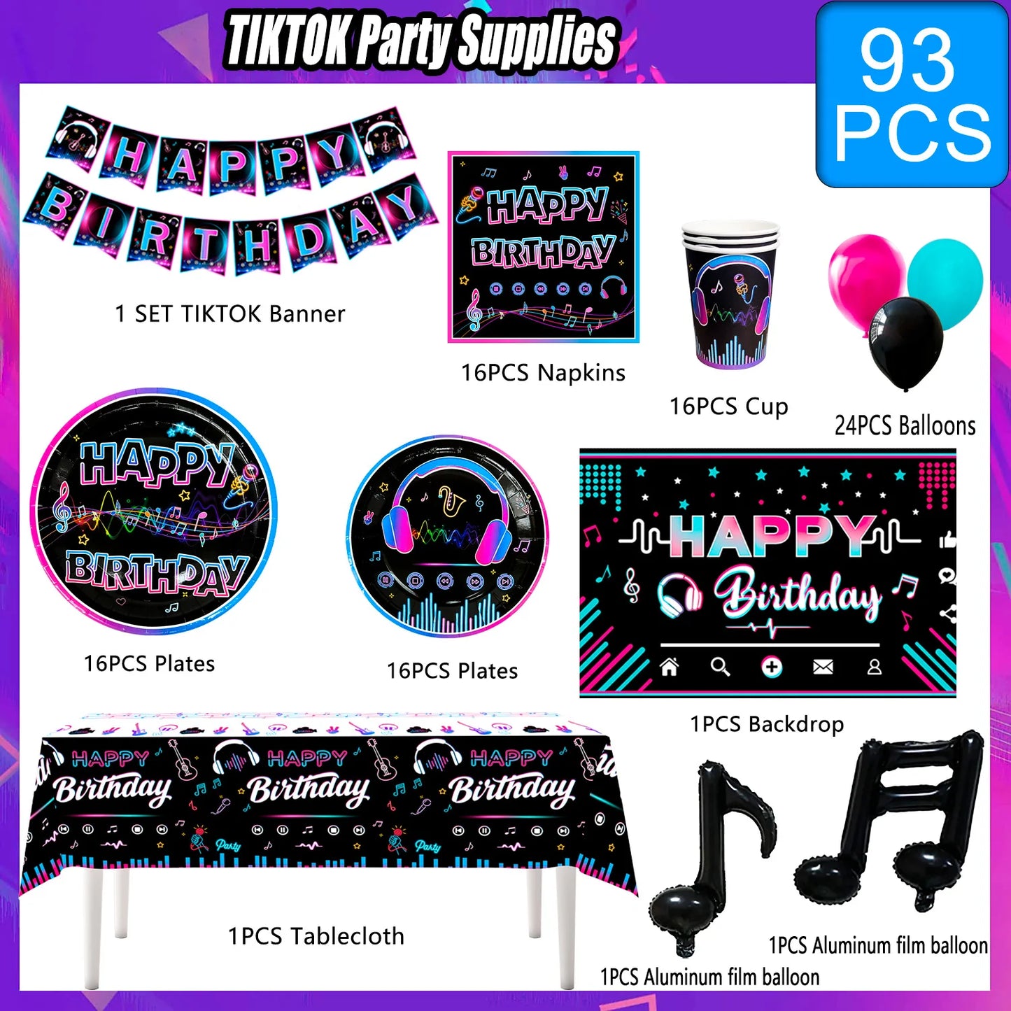Tik Tok Party Supplies,93pcs Birthday Party Decorations&Tik Tok Tableware Set- Plates Cups and Napkins Tablecloth Balloons etc