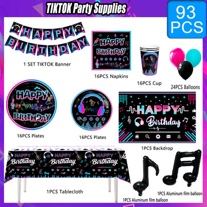 Tik Tok Party Supplies,93pcs Birthday Party Decorations&Tik Tok Tableware Set- Plates Cups and Napkins Tablecloth Balloons etc
