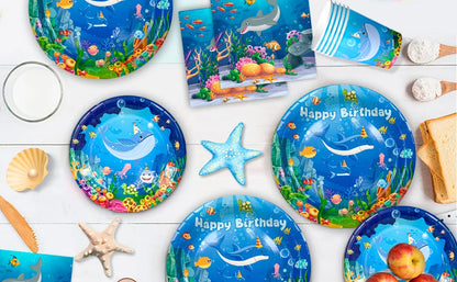 Under The Sea Party Supplies-98pcs Ocean Sea Party Tablewear Set-Marine Life Party Plates Cups Napkins Tablecloth Banner etc