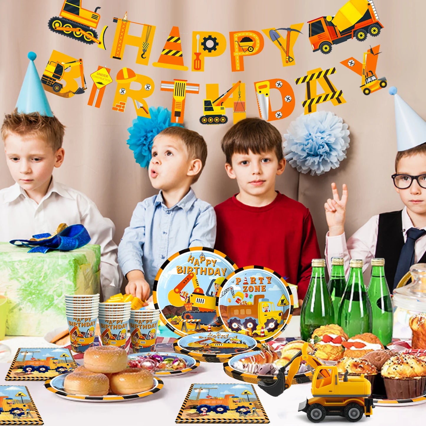 66pcs Construction Party Supplies Tableware Set-Construction Birthday Party Plates Cups Napkins Tablecloth Banner etc