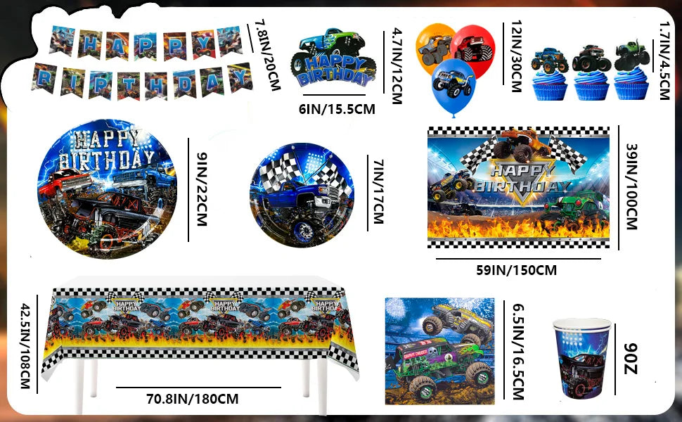 Monster Truck Birthday Party Supplies,72pcs Birthday Decorations&Tableware Kit-Monster Truck Plates and Napkins Banner Backdrop
