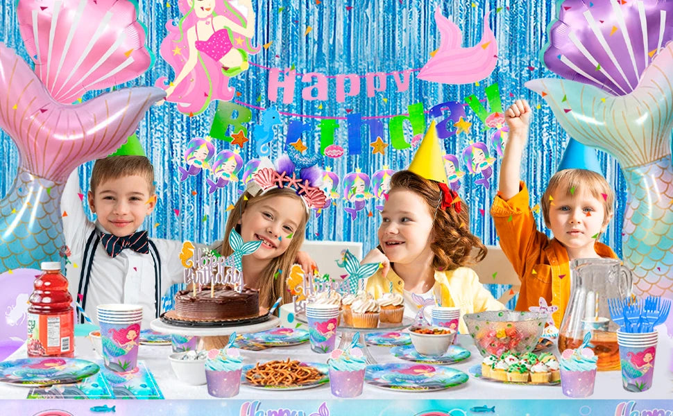 Mermaid Party Supplies and Decorations,202pcs/Serves 16 Decorations&Tableware Set-Party Plates Cups Tablecloth&Balloons Banner