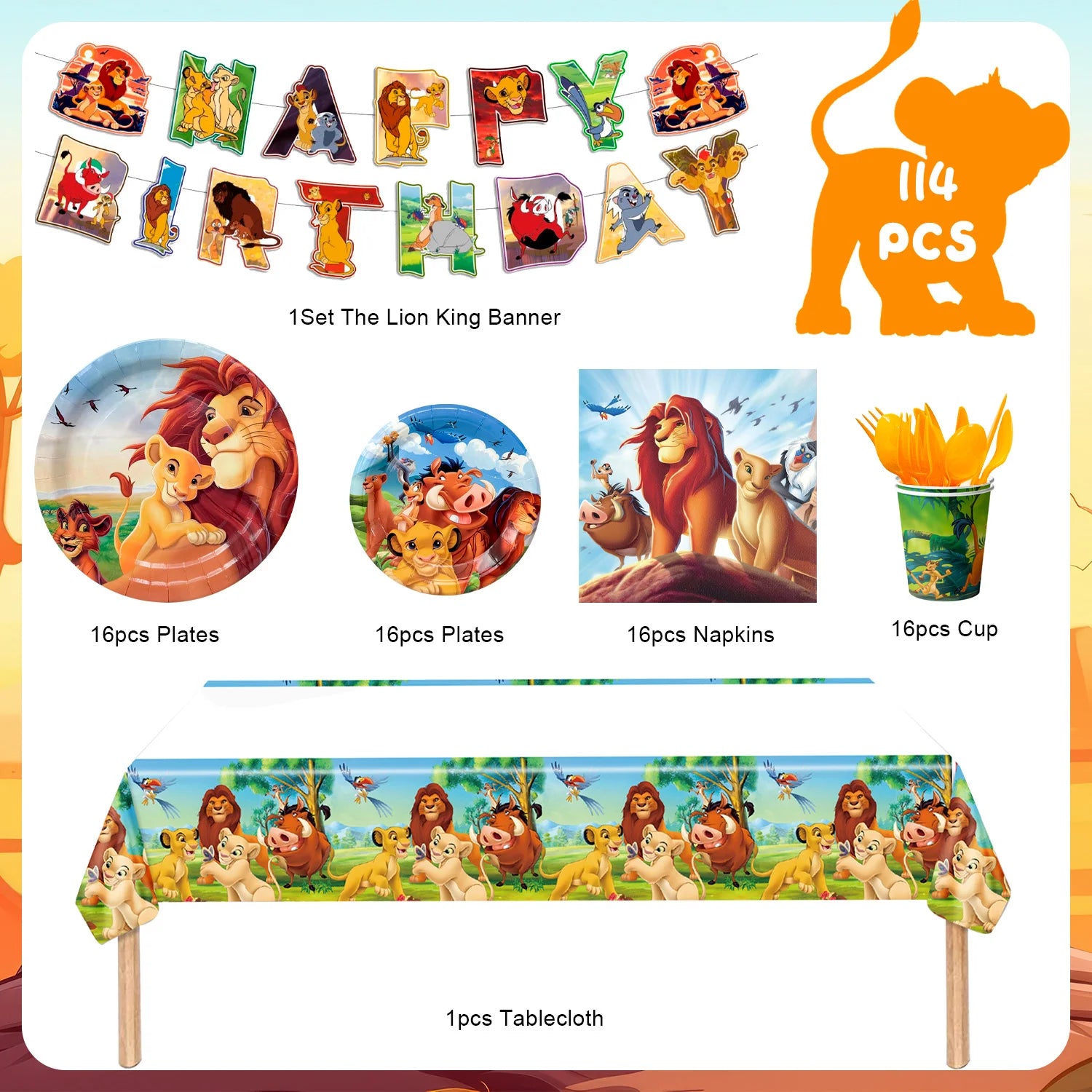 The Lion King Birthday Party Decoration Tableware Set, Lion King Party Supplies Tableware - the Lion King Table Cloth Banner Plates Napkins Cups Etc for Lion King Birthday Party Decorations
