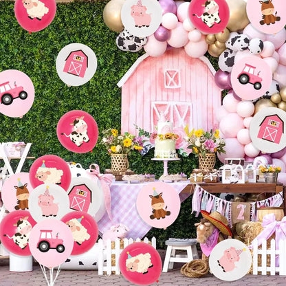 36Pcs Pink Farm Animal Balloons Girls, 12 Inch Cow Sheep House Pig Car Donkey Latex Balloons Farm Animal Birthday Party Supplies Pink Farmhouse Baby Shower Decorations for Kids Barnyard Themed Party