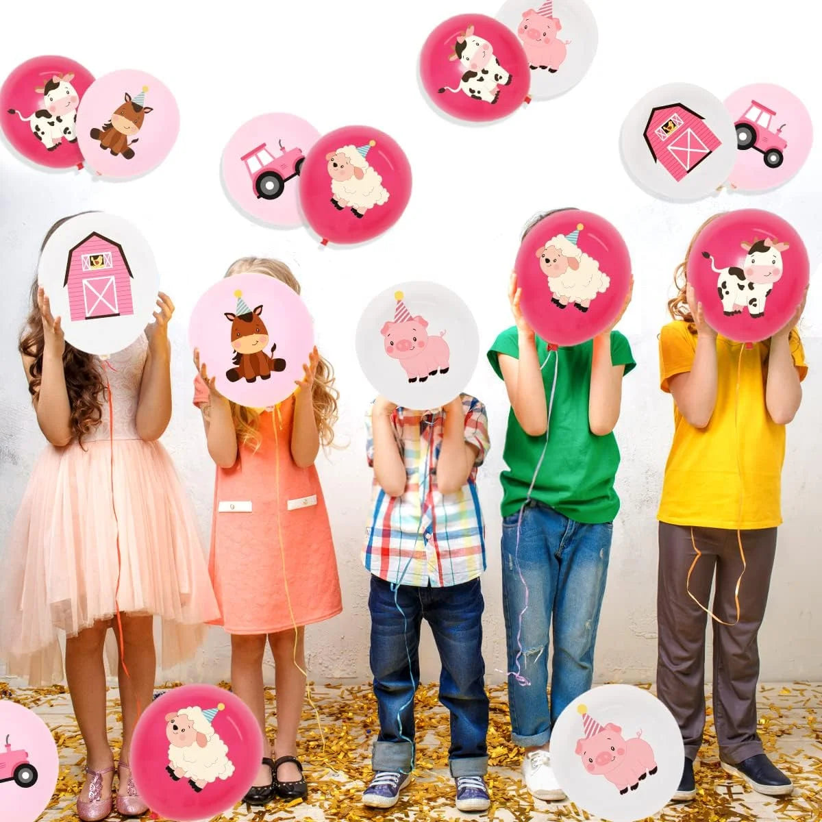 36Pcs Pink Farm Animal Balloons Girls, 12 Inch Cow Sheep House Pig Car Donkey Latex Balloons Farm Animal Birthday Party Supplies Pink Farmhouse Baby Shower Decorations for Kids Barnyard Themed Party