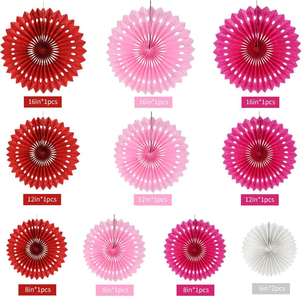 Red Pink Rose Red Hanging Tissue Honeycomb round Paper Fans Decor Kit for Birthday Girl Kid Shower Bachelorette Wedding Christmas Backdrops Anniversary Party Supplies（11 Packs）