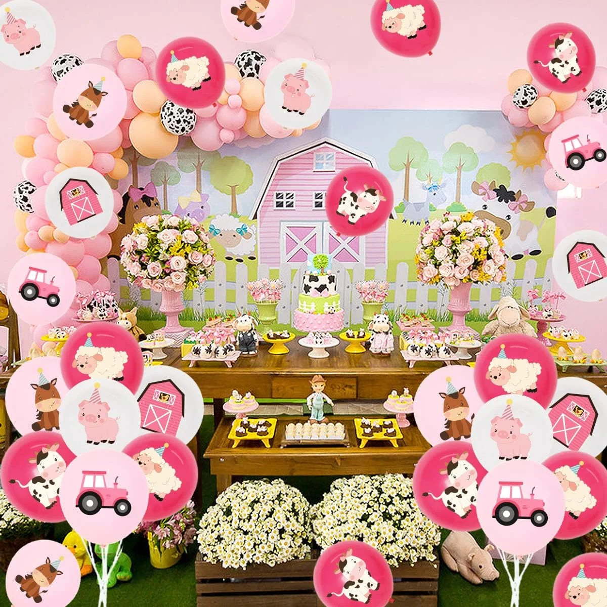 36Pcs Pink Farm Animal Balloons Girls, 12 Inch Cow Sheep House Pig Car Donkey Latex Balloons Farm Animal Birthday Party Supplies Pink Farmhouse Baby Shower Decorations for Kids Barnyard Themed Party