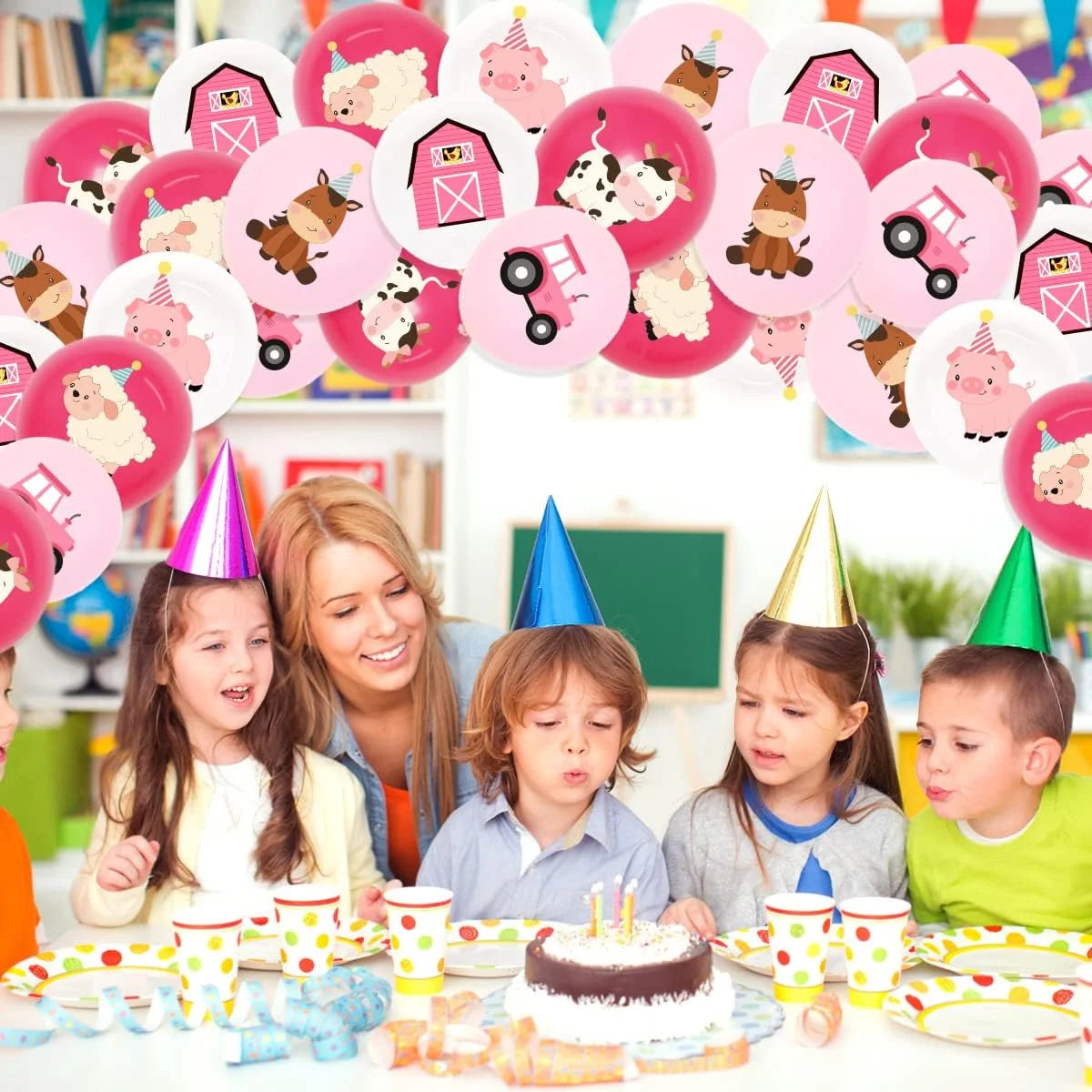 36Pcs Pink Farm Animal Balloons Girls, 12 Inch Cow Sheep House Pig Car Donkey Latex Balloons Farm Animal Birthday Party Supplies Pink Farmhouse Baby Shower Decorations for Kids Barnyard Themed Party